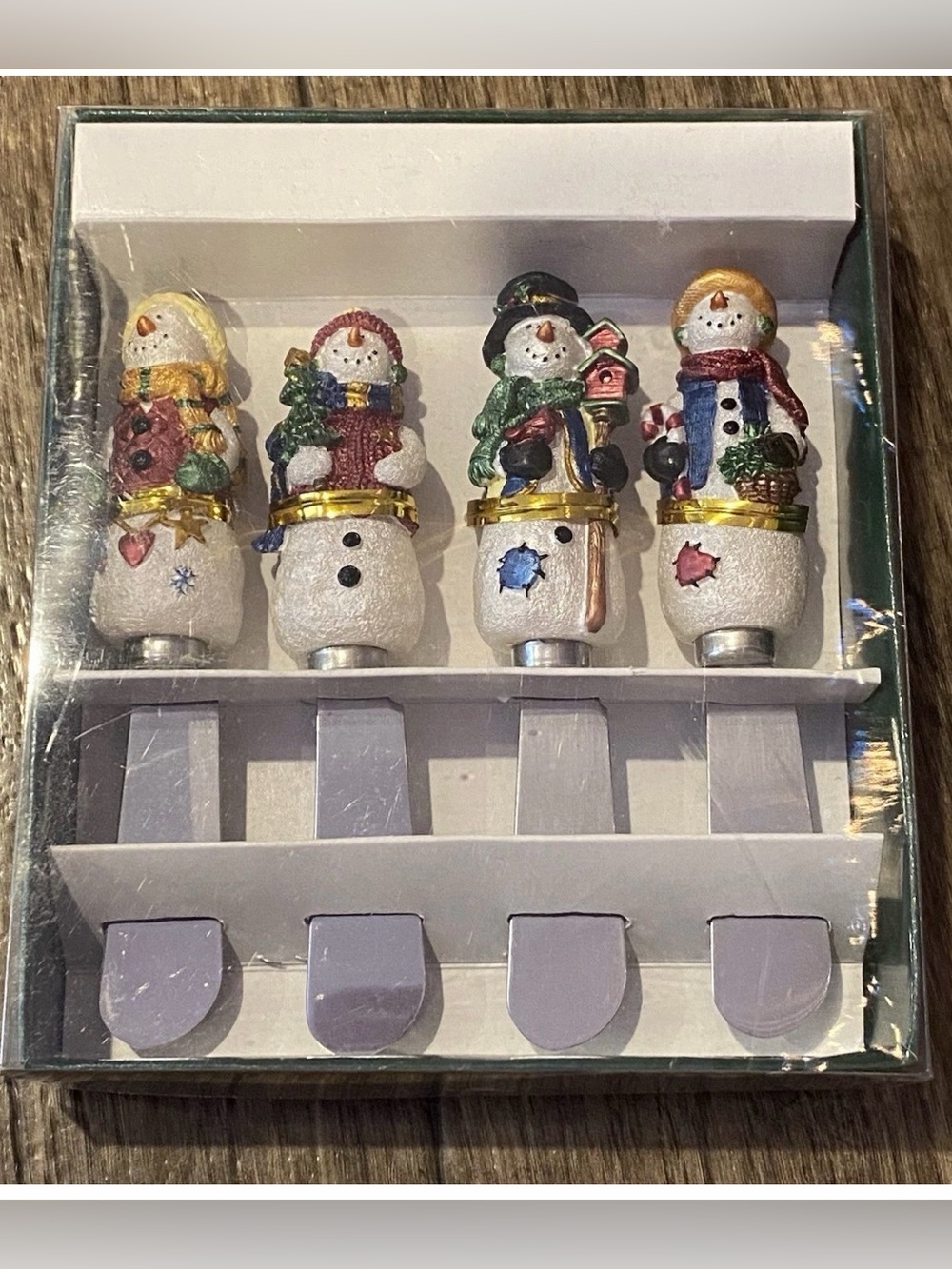 Crossroads Christmas Spreaders Butter Cheese Knives Winter Snowman Set 4 Vintage